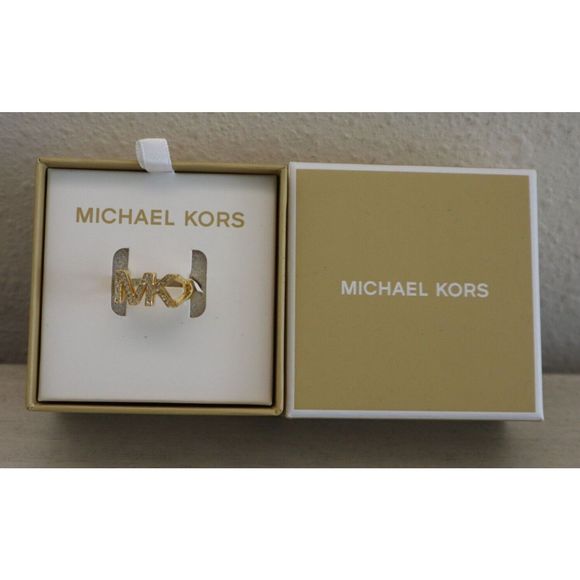 Michael Kors MKJX80277109 Women Sz 9 Gold Crystal Pavé MK Logo Fashion Ring - Picture 1 of 6